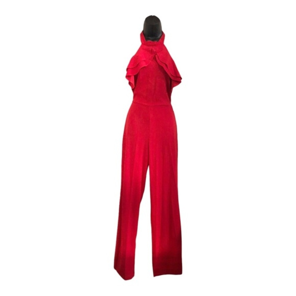 Bebe red Ruffle front belted sleeveless open back‎ Halter Jumpsuit size 2 new - Picture 14 of 15